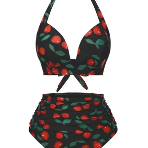 Ensemble bikini Halter froncé cerise rouge des années 1930