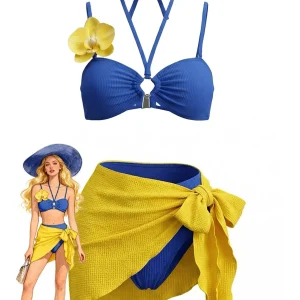 Ensemble Bikini Bleu Orchidée & Paréo Jaune Années 1980
